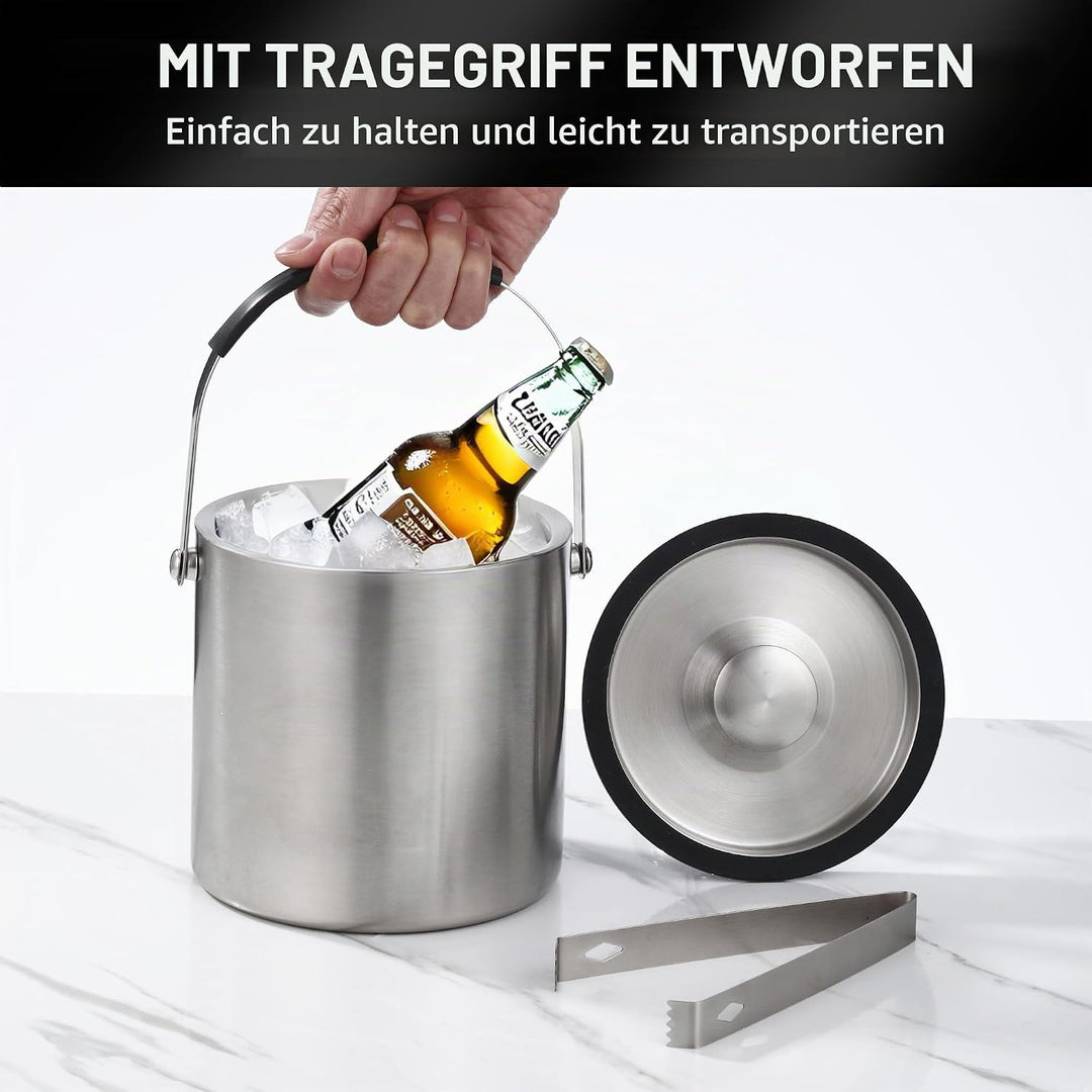 2L Eiswürfelform, Eiskübel mit deckel,Eiswürfelbehälter edelstahl mit Clips und Sieb, ideal für Part
