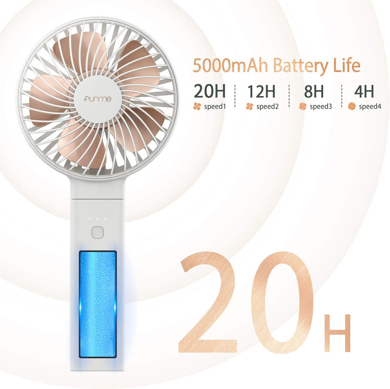 Funme Handventilator Tischventilator [5000 Akku 20 Stunden Lange Arbeitszeit] Starker Wind Leise 4 S