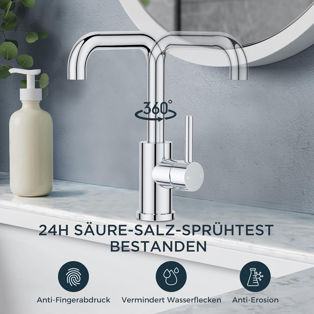 FORIOUS Wasserhahn Bad Hoch 360° Drehbar, Edelstahl Waschtischarmatur Hoch mit Warm/Kaltwasser Misch