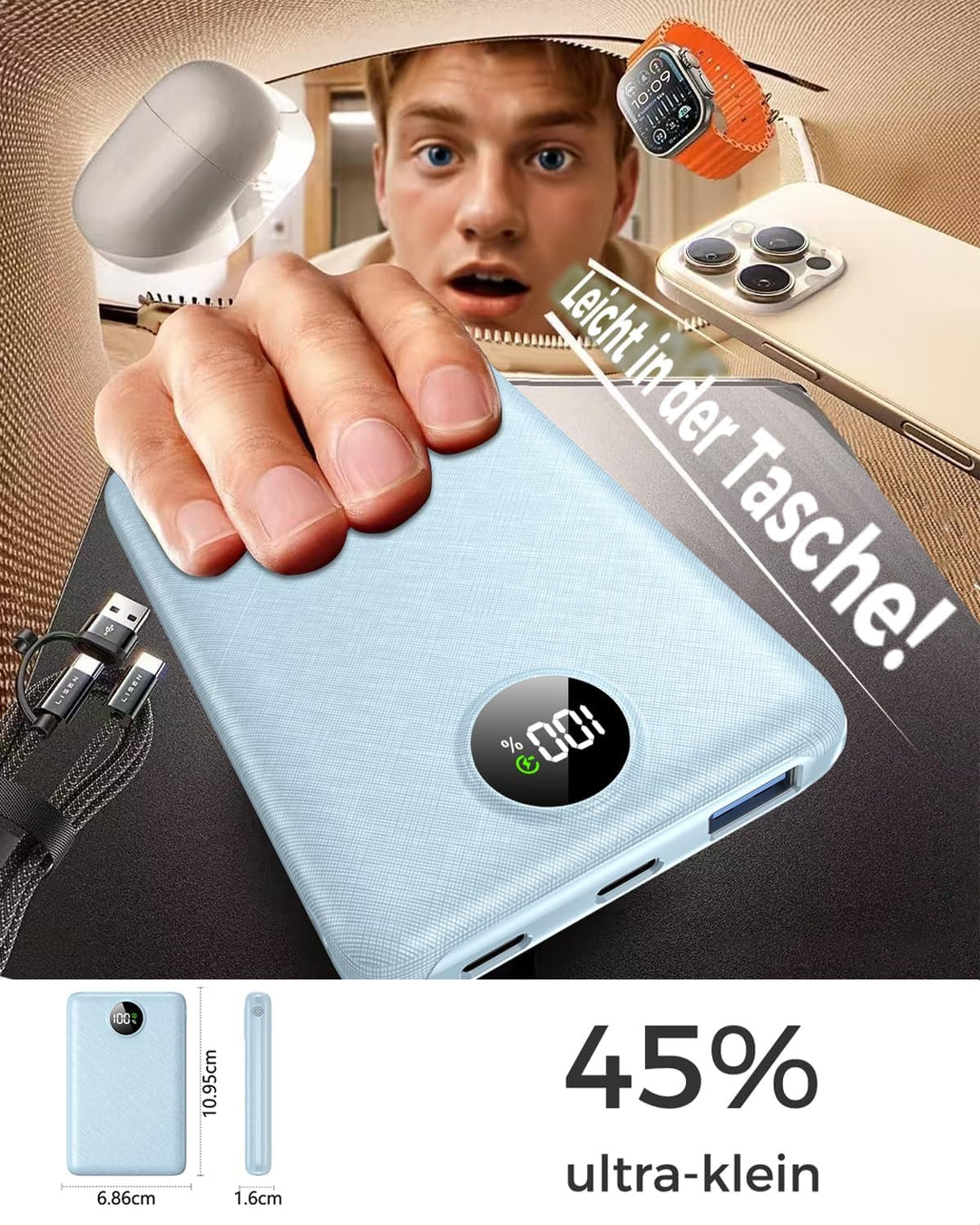 Power Bank, 22.5W Mini PowerBank 15000mAh (USB-C EIN- &amp; Ausgang), PD 3.0 QC 3.0 Externer Handyakku m