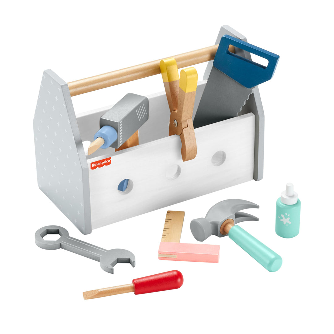 Fisher-Price Holz-Werkzeugkasten, Rollenspiel-Spielset mit Spielzeugbohrer, 9 Spielteile aus Holz fü