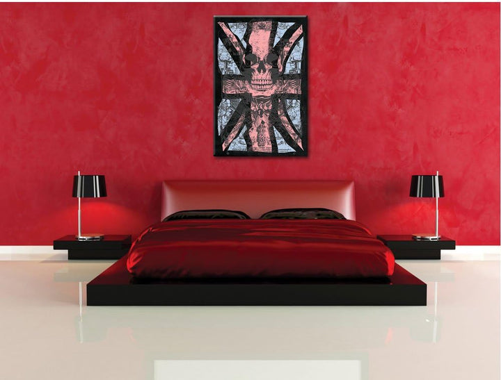Dark UK skull black Bild auf Leinwand, XXL riesige Bilder fertig gerahmt mit Keilrahmen, Kunstdruck