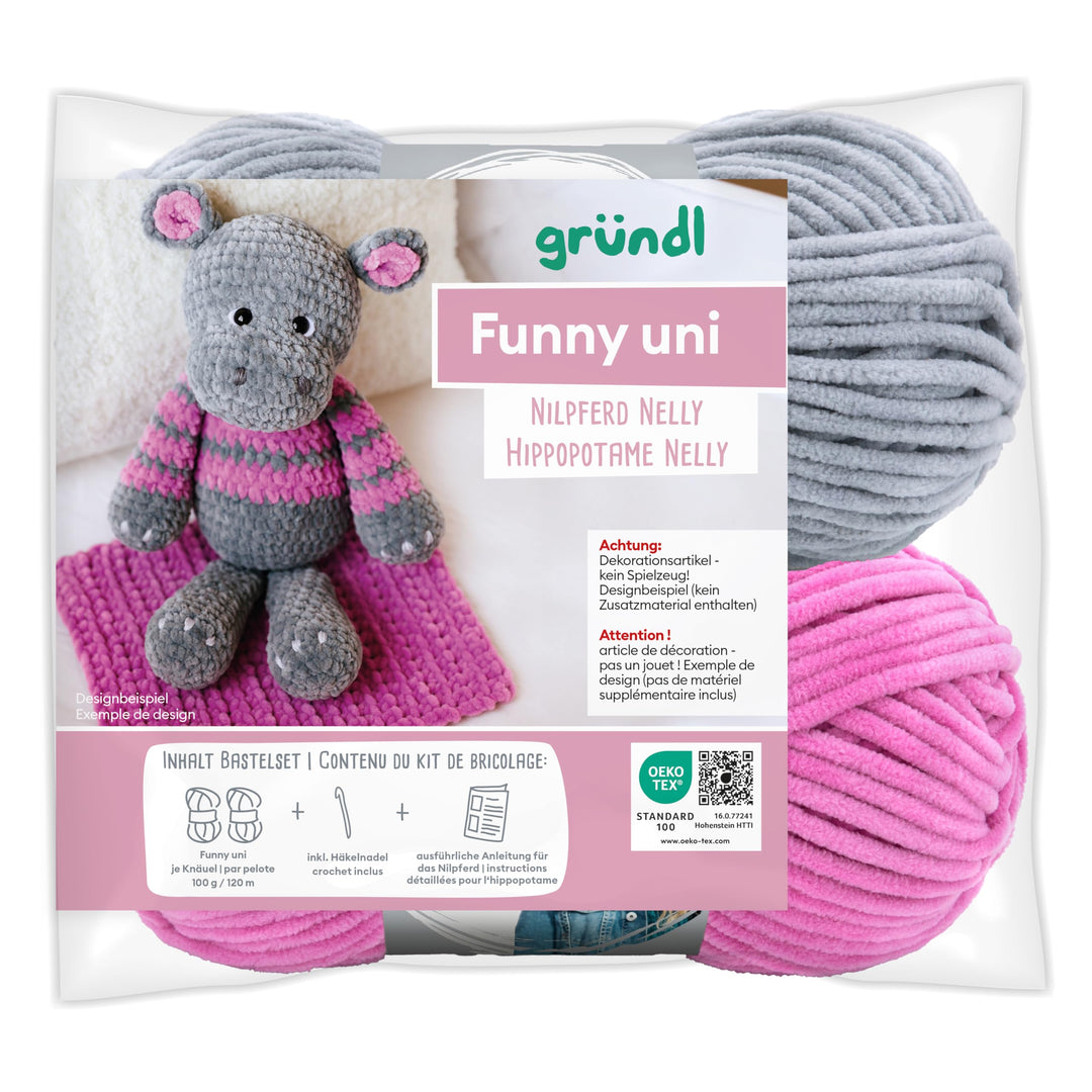 Gründl Funny uni Häkeltier häkeln, Set mit 2 x 100 g Funny uni Chenillegarn, 1 Häkelnadel und eine A
