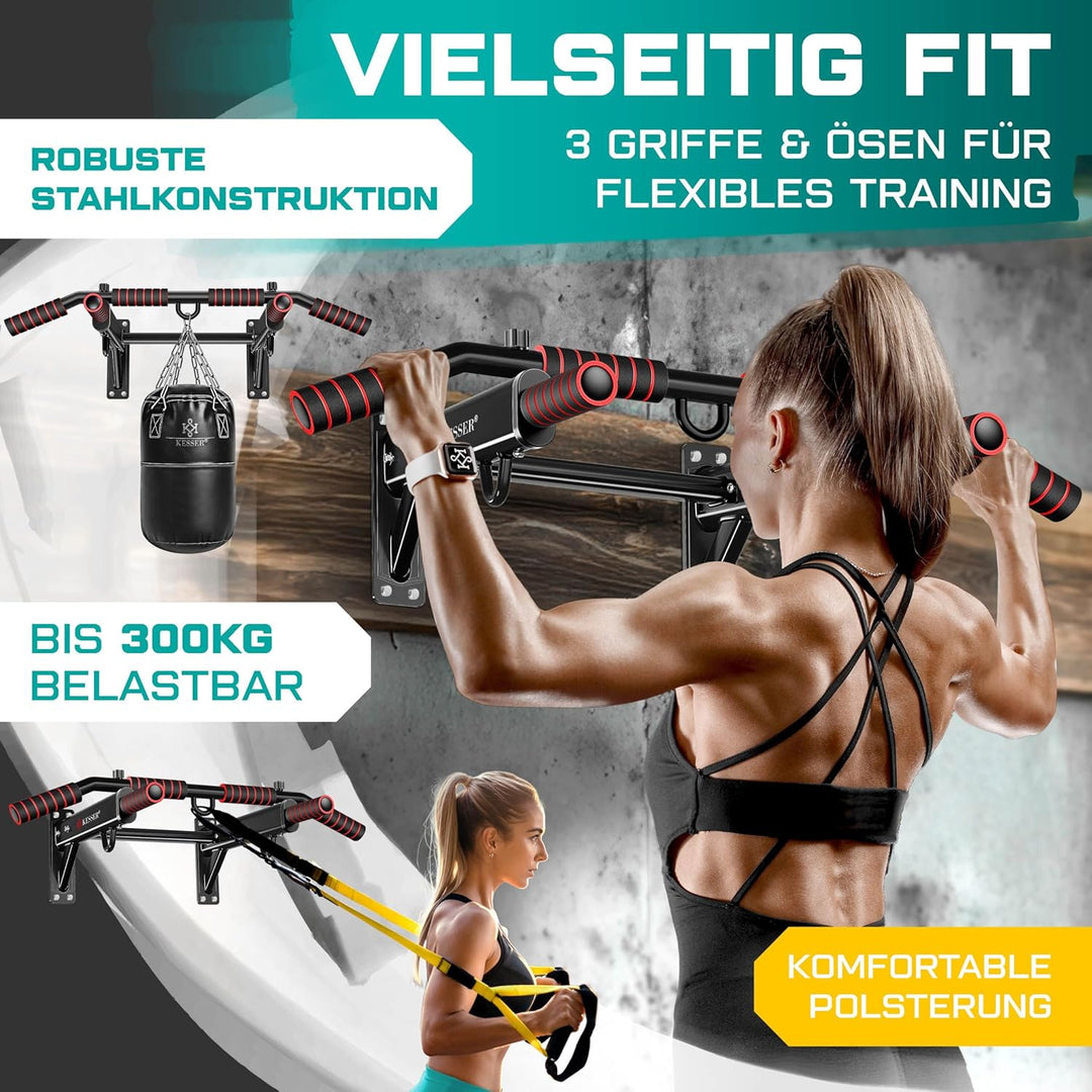 KESSER® 4in1 Klimmzugstange zur Wandmontage rutschfesten Griffen zusätzliche Funktion für Seile Ring