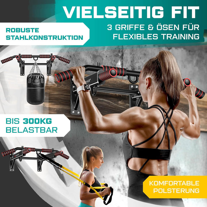 KESSER® 4in1 Klimmzugstange zur Wandmontage rutschfesten Griffen zusätzliche Funktion für Seile Ring