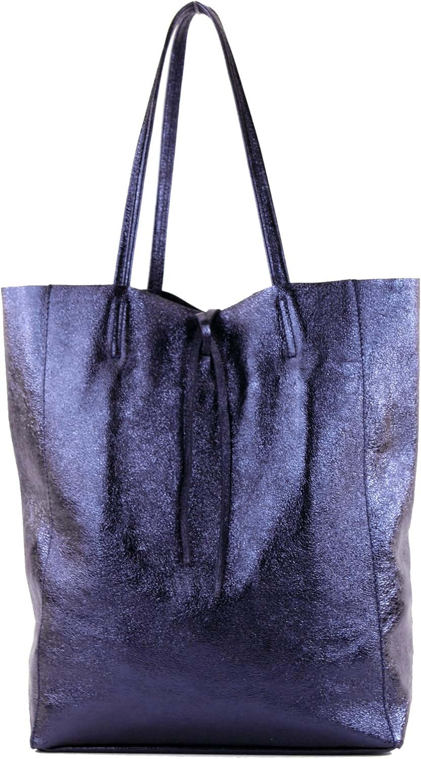 modamoda de T163 Damen Leder Shopper Schultertasche, handmade in Italy Blauviolett-metallic, Blauvio