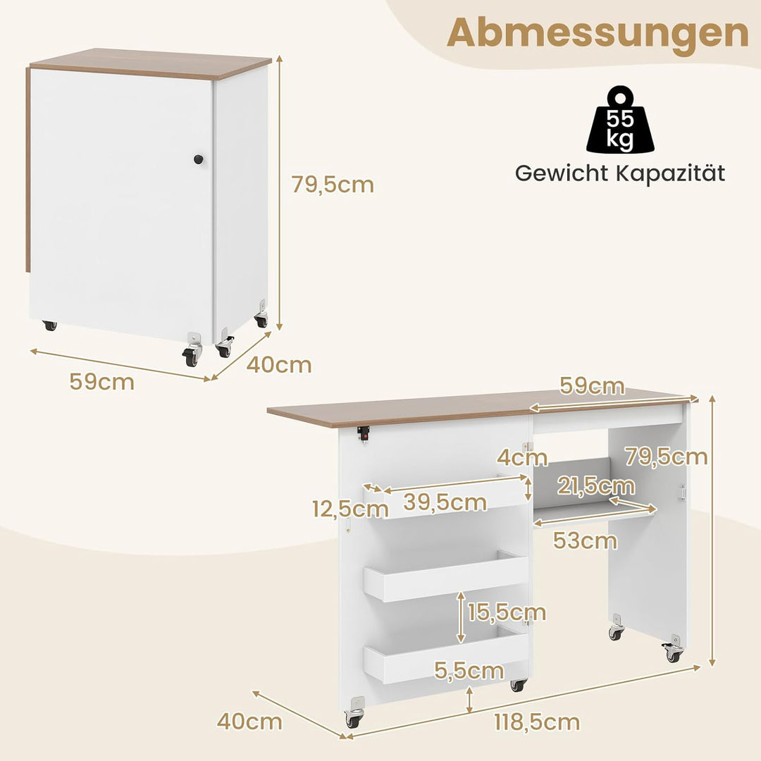 COSTWAY 2 in 1 Nähtisch klappbar, Nähmaschinenschrank aus Holz mit Regalen & Ablagefach, Nähschrank