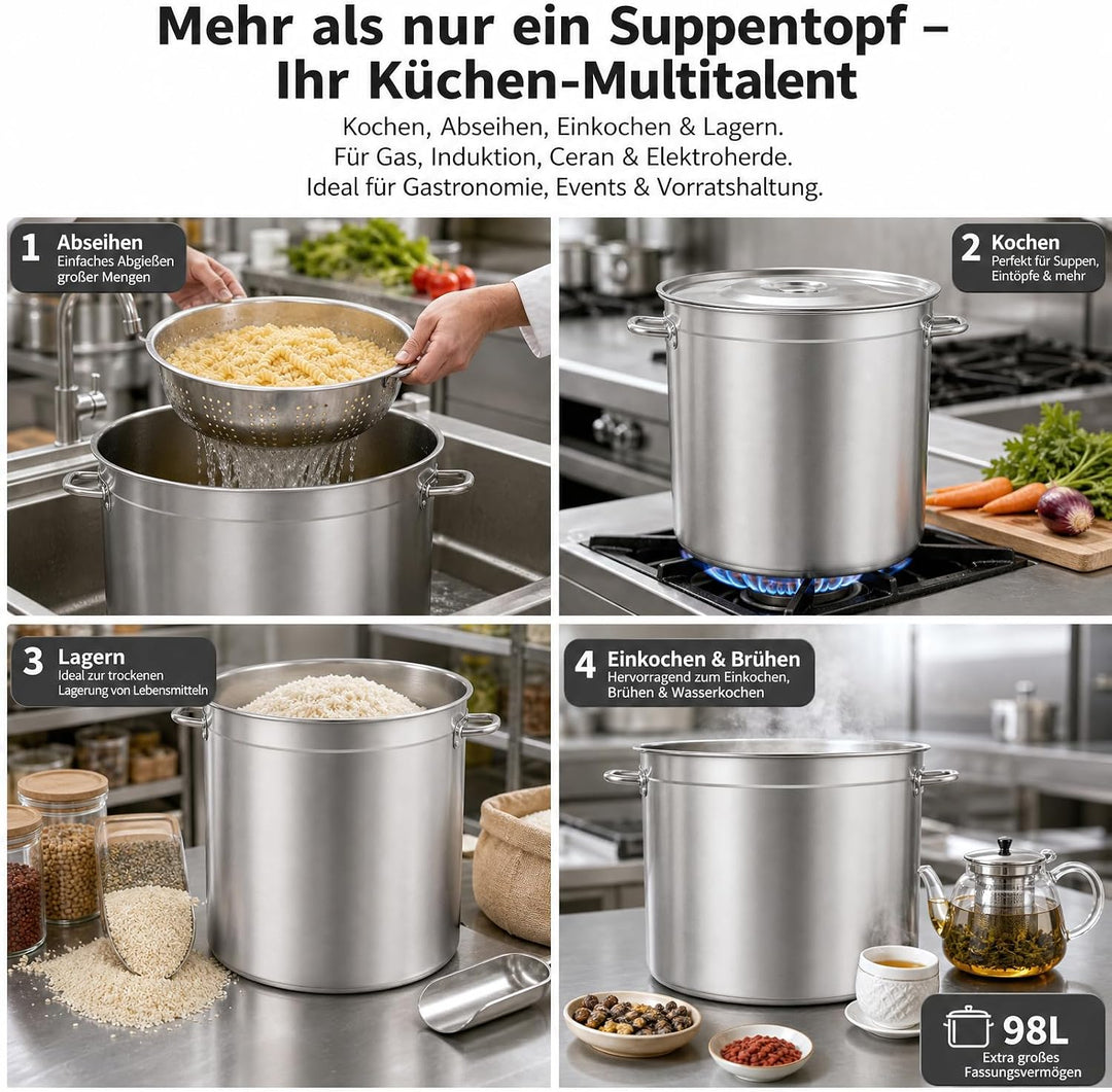 Edelstahl Suppentopf 98L, Gastronomie Kochtopf Suppentopf Gross mit Griffen und Sinkendeckel, Ø 51.5