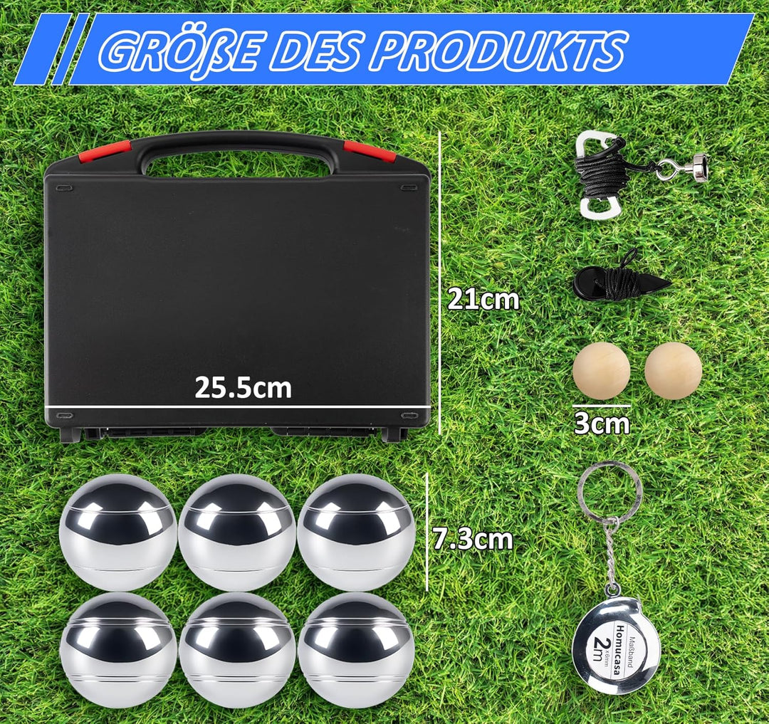 Boule Set mit Boccia Kugeln & Gravur – Personalisierte Petanque Metallkugeln (73mm/720g) mit Abstand