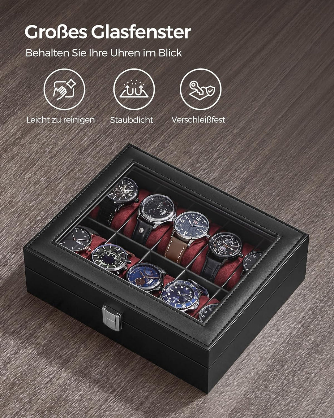 SONGMICS Uhrenbox mit 10 Fächern, Uhrenkasten, Glasdeckel, Uhrenkoffer, herausnehmbare Uhrenkissen,