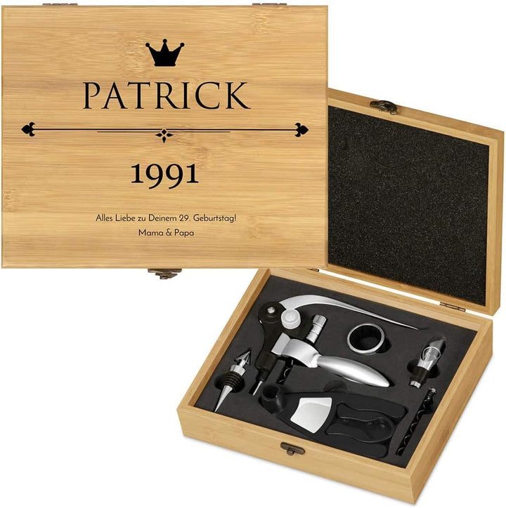 Maverton Weinöffner-Set personalisiert Weinset Sommelier Set - Geschenkbox Holzbox + 6er Weinzubehör