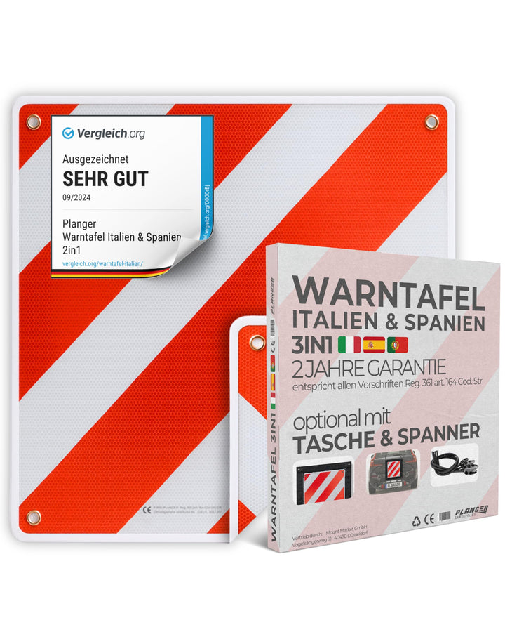PLANGER® - Warntafel Italien und Spanien 2in1 (50 x 50 cm) - Reflektierendes Warnschild rot weiss fü