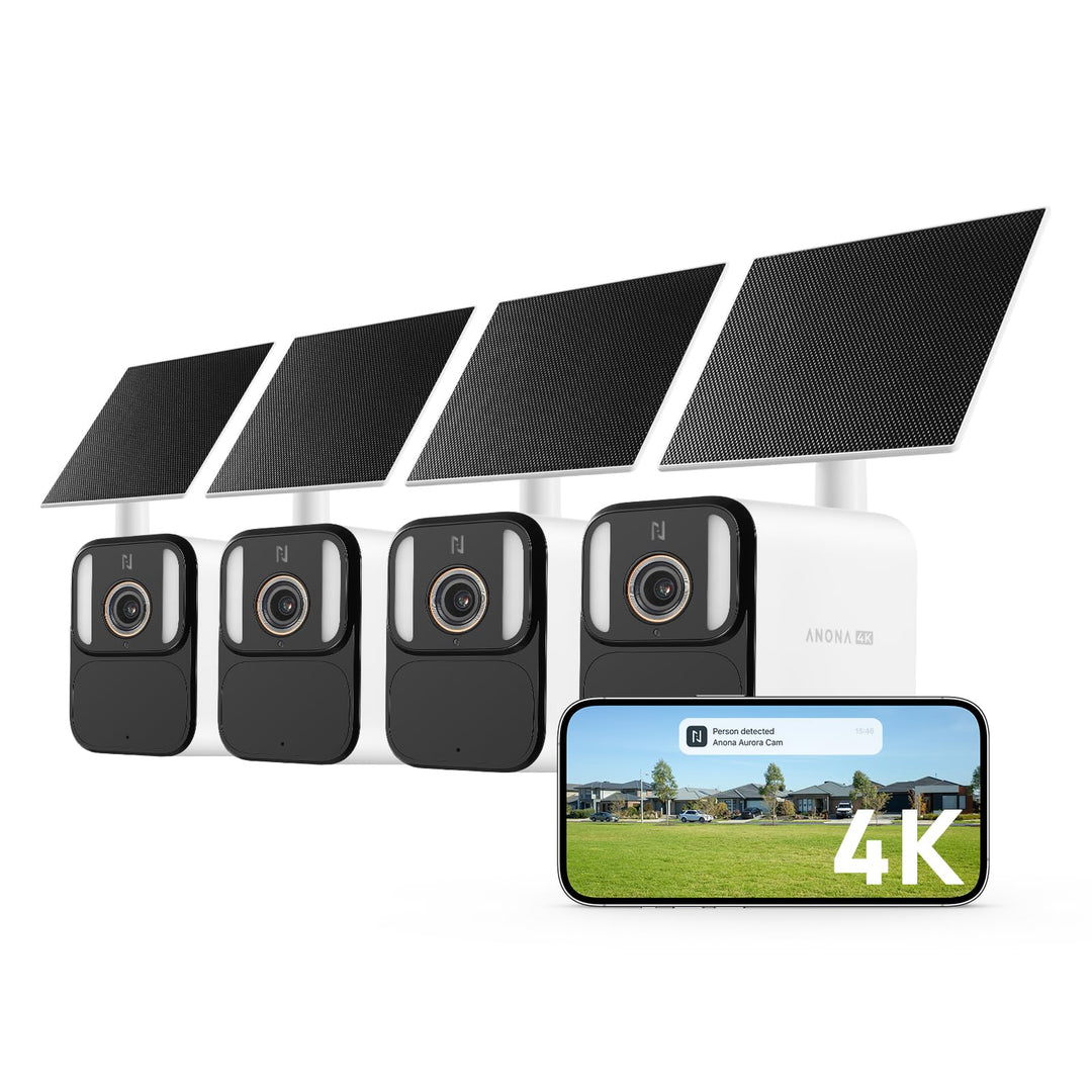 Anona Aurora 4K Solar Überwachungsset (4er-Pack) für Aussen, kabellos, 8MP Farb-Nachtsicht, 24/7-AOV