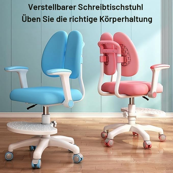 Kinder Schreibtischstuhl mit 360° Rädern, höhen- und tiefenverstellbar, ergonomisch Stabiler Lernstu