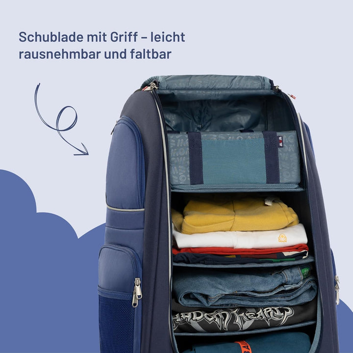 Kinder-Schranktrolley – Koffer mit Einlegeböden, Rollen &amp; Teleskopgriff – mobiler Kleiderschrank für