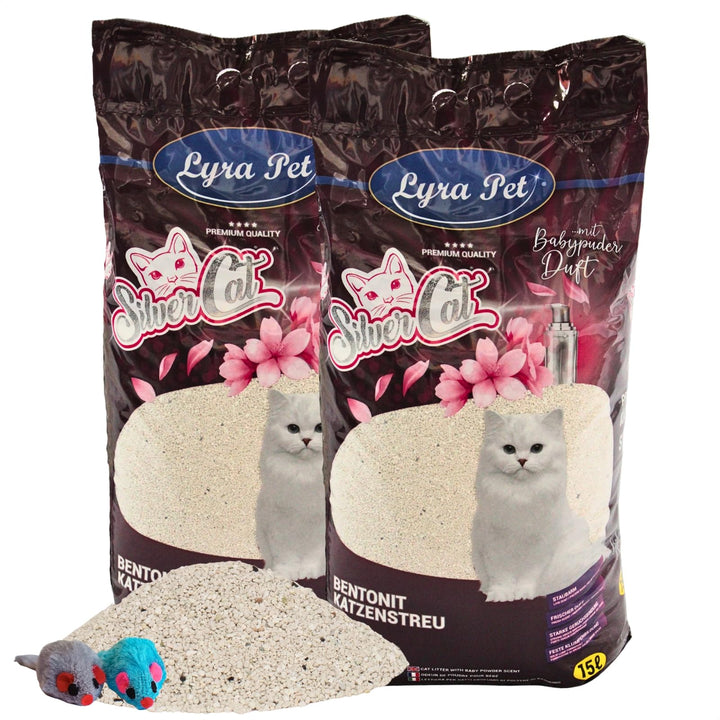 Lyra Pet® | 30 Liter Silver Cat Katzenstreu mit Aktivkohle + 2 Mäuse | Duftet nach Babypuder | Feuch