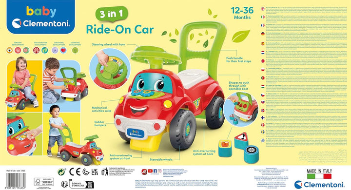 Baby Clementoni 3 in 1 Rutschfahrzeug - Rutschauto für Kleinkinder ab 1 Jahr - Fahrbares Spielzeugau
