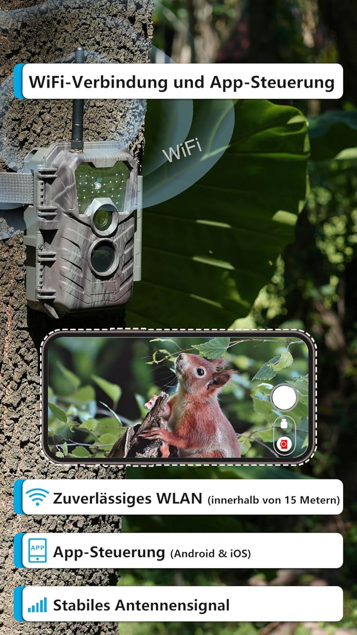 Meidase P90 Pro Wildkamera WLAN mit App, 64MP H.264 1296P, 25m Infrarot Nachtsicht Bewegungsmelder,
