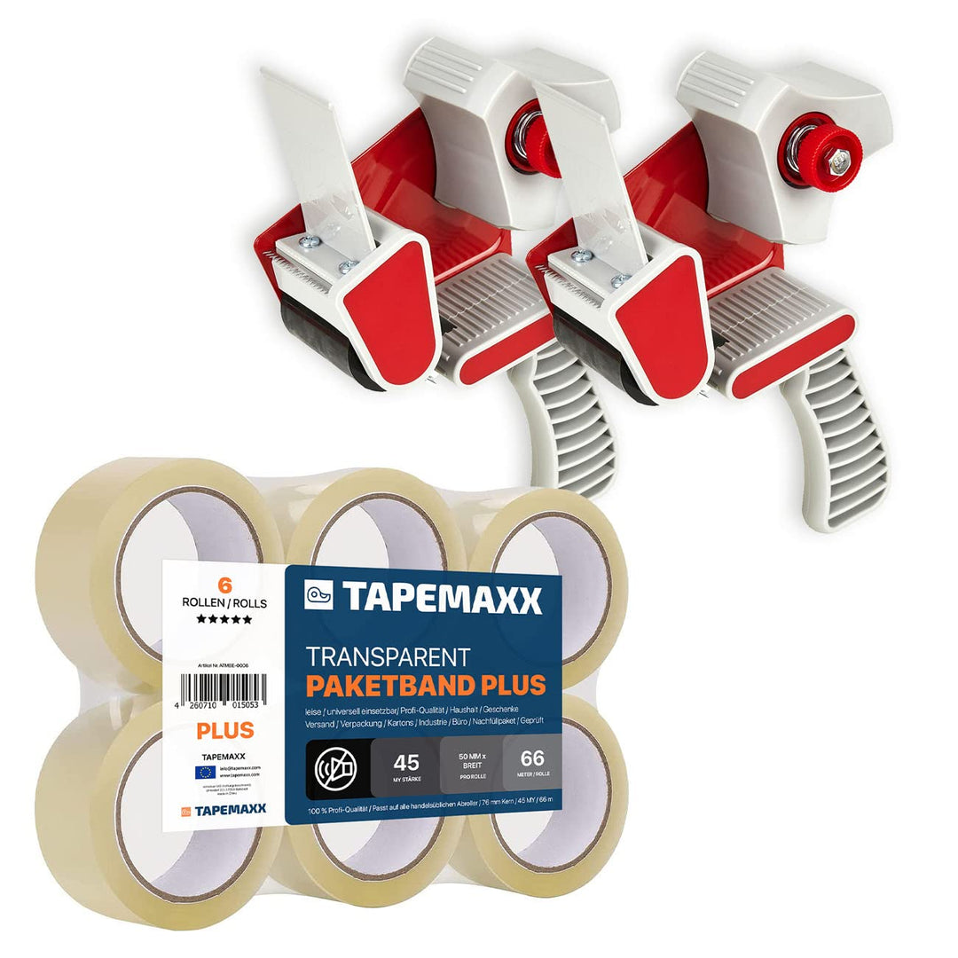 TAPEMAXX ROLLER 2 Abroller Set mit 6 Rollen TAPEMAXX PLUS Paketklebeband Transparent Leise 48mm x 66