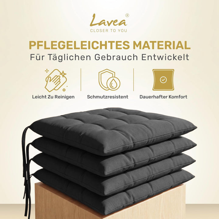 Lavea® Sitzkissen &amp; Stuhlkissen 40x40 cm – 4er Set – mit Stoffbändern – Outdoor &amp; Indoor – waschbar