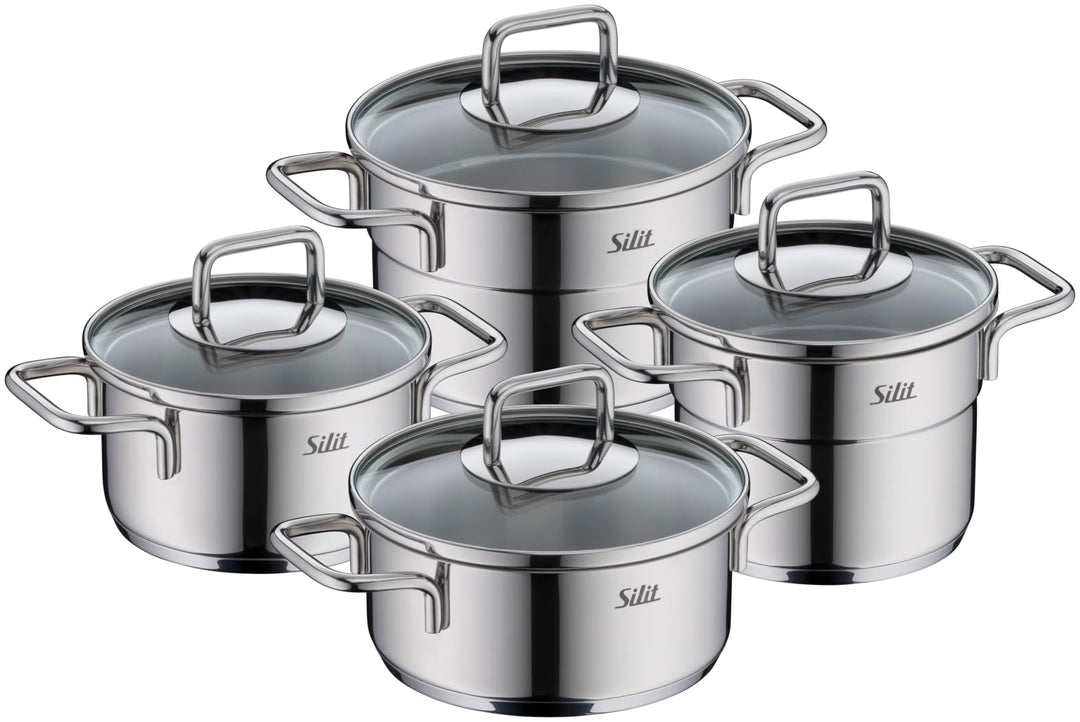 Silit Extra Cook Kochgeschirr-Set 4-teilig, Kochtöpfe 12/14 cm mit Glasdeckel, Innenskalierung, brei