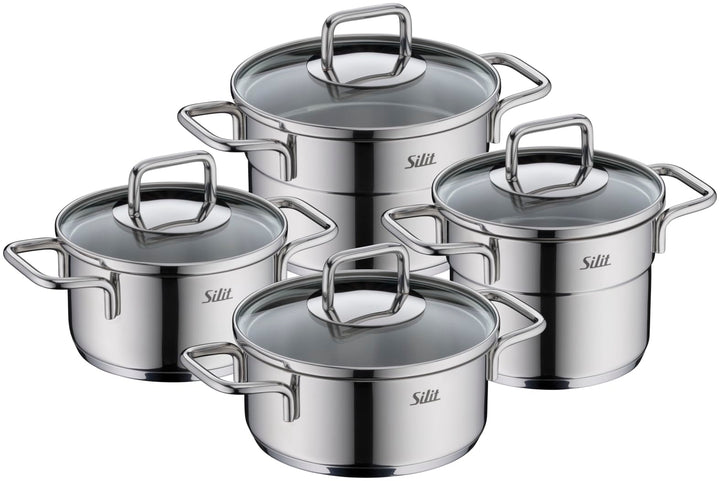 Silit Extra Cook Kochgeschirr-Set 4-teilig, Kochtöpfe 12/14 cm mit Glasdeckel, Innenskalierung, brei