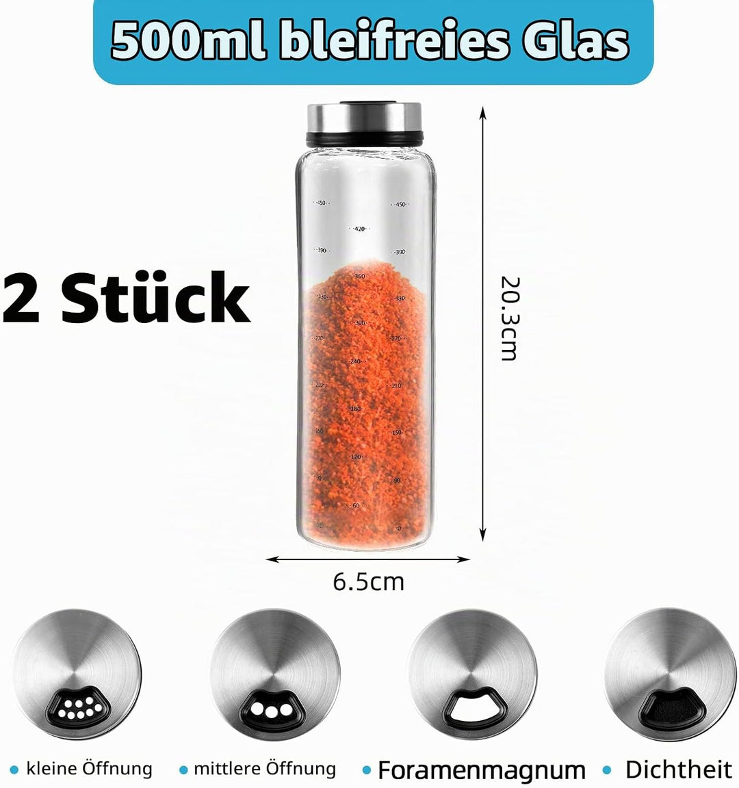500 ml Gewürzgläser Mit Drehdeckel, 2 Stück Borosilikatglas Gewürzstreuer, Gewürzstreuer mit 3 Arten
