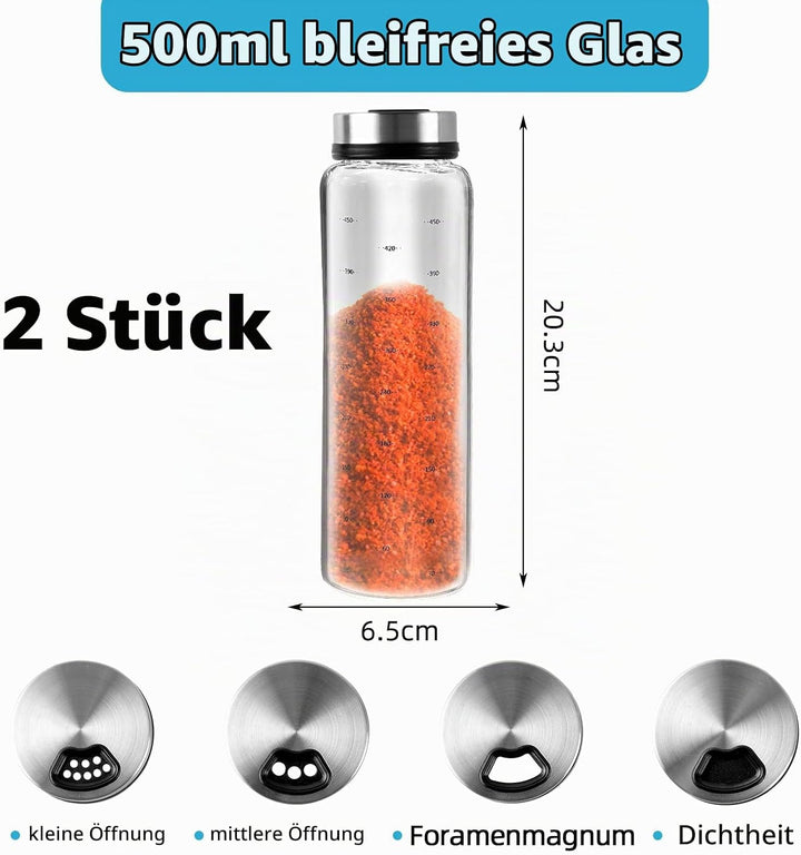 500 ml Gewürzgläser Mit Drehdeckel, 2 Stück Borosilikatglas Gewürzstreuer, Gewürzstreuer mit 3 Arten