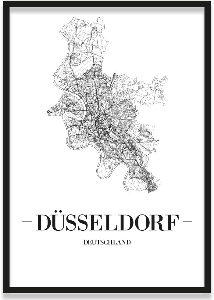 JUNIWORDS Stadtposter, Düsseldorf, Wähle eine Grösse, 21 x 30 cm, Poster mit Rahmen, Schrift A, Weis