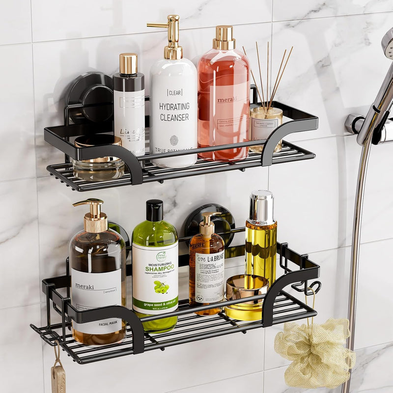 TAILI Duschablage Ohne Bohren, Einstellbar Dusche Caddy Saugnapf 2er Set Dusche Zubehör mit Haken Ro