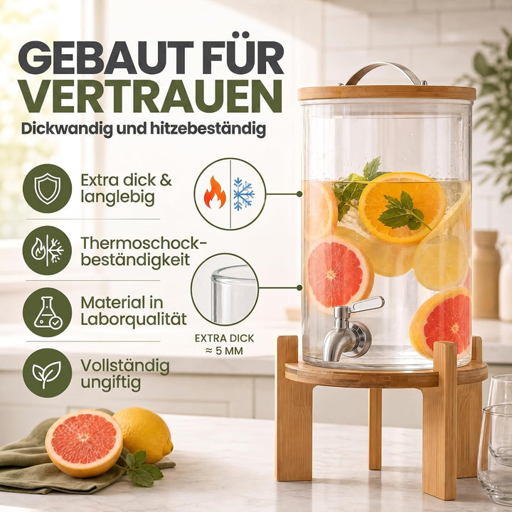 Premium Getränkespender mit Zapfhahn aus Edelstahl &amp; Bambus-Ständer – 8L Wasserspender Glas für eisk