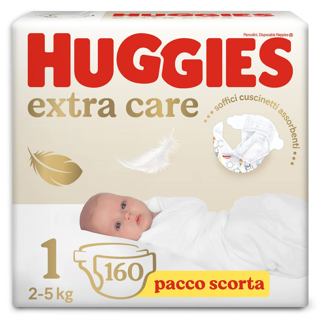 Huggies Extra Care Bebè Windeln, Grösse 1 (2-5 kg), 160 Stück Grösse 1 (160 Stück) 1, Grösse 1 (160
