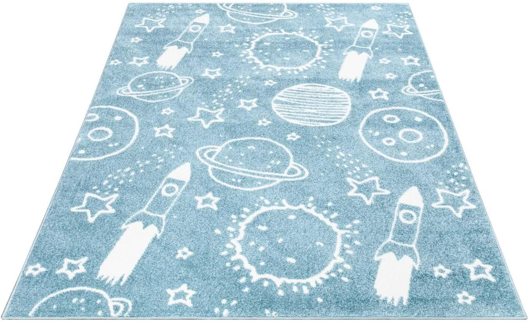carpet city Teppich Kinderzimmer Weltall - Blau - 140x200 cm - Kinderteppich Kurzflor mit Sternen, R