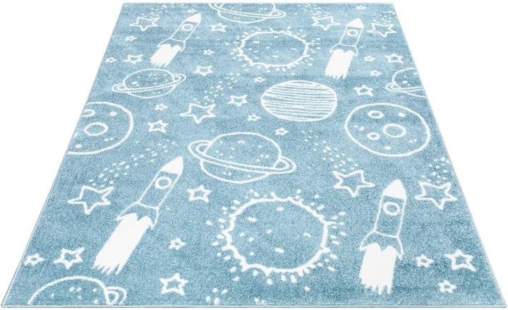 carpet city Teppich Kinderzimmer Weltall - Blau - 140x200 cm - Kinderteppich Kurzflor mit Sternen, R