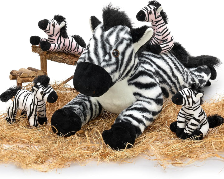 MorisMos 64cm riesen Zebra Kuscheltier XXL mit 4 Baby im Bauch, gross Plüschpferd XXL, Flauschiger S