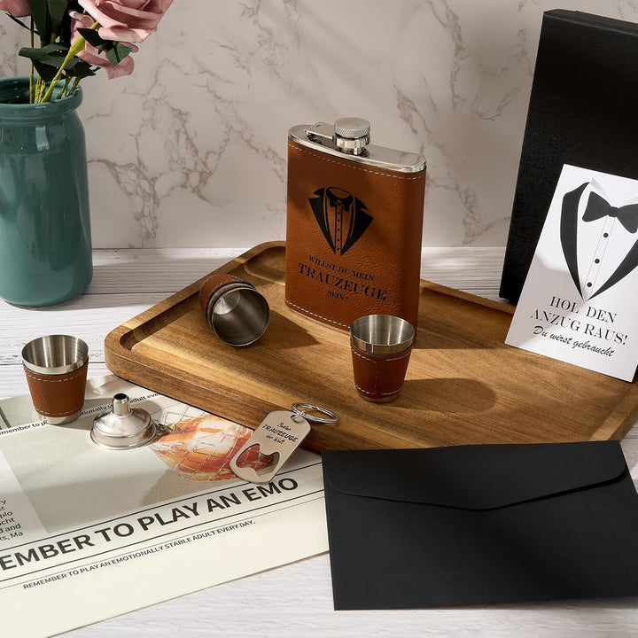 Flachmann mit Gravur 8oz Edelstahl Geschenkset für Trauzeuge und Trauzeugin, Schwarze Geschenkbox mi