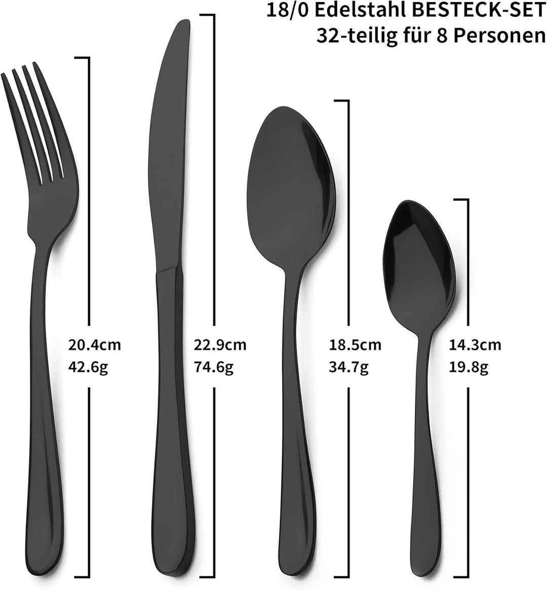 Alata Grand Edelstahl Poliert Schwarz Besteck Set 8 Personen, Essbesteck 32 teilig, Glänzend, Spülma