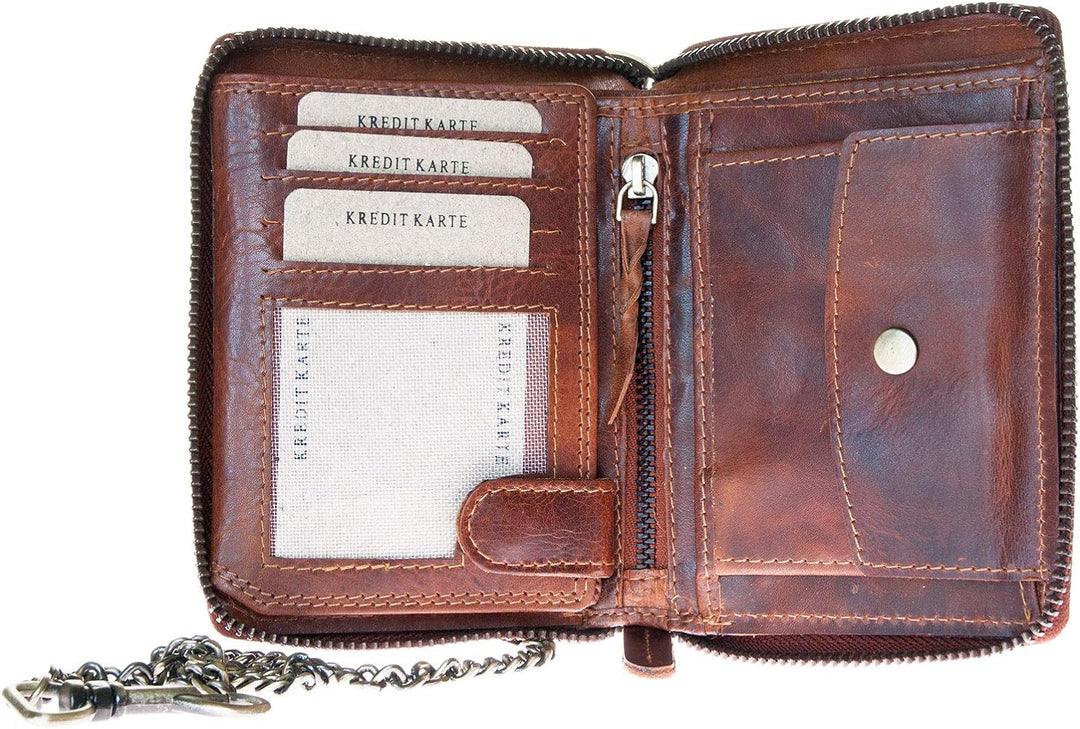 FLW Herren Biker Reissverschluss Naturleder Geldbörse mit einer Metallkette