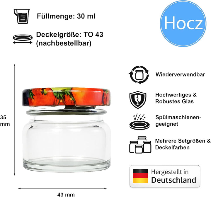 hocz 12x Mini Marmeladengläser 30 ml | mit Deckel Obst TO 43 | kleine Einmachgläser mit Schraubdecke