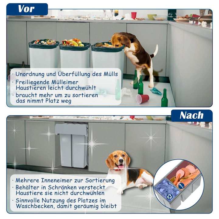 NAIZY Mülltrennsystem ausziehbar Mülleimer Küche 3-Fächer Abfalleimer einbau Unterschrank mit Telesk