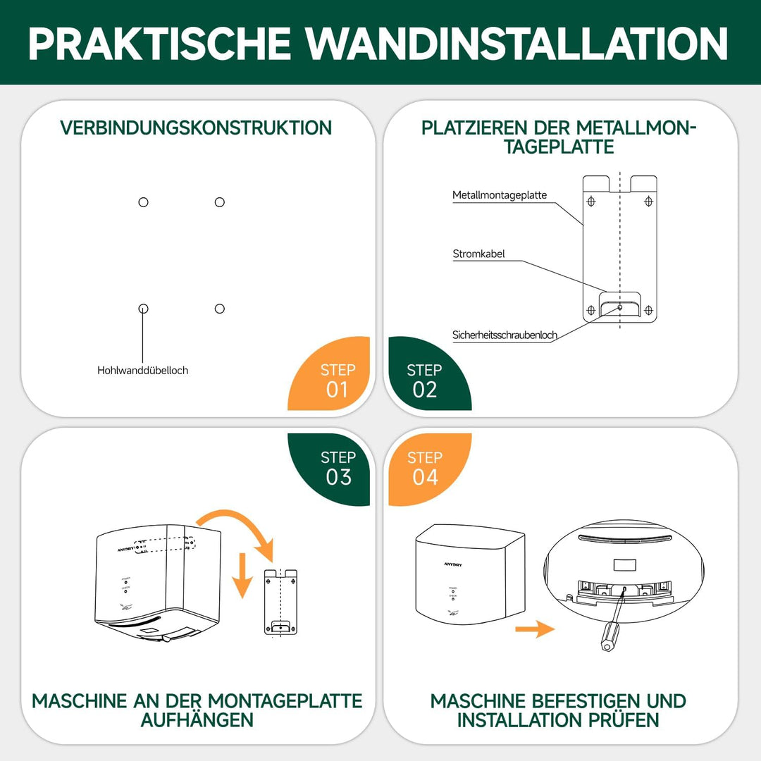 anydry 2630S Kompakter Händetrockner,Automatischer Elektrischer Händetrockner für Wandmontage,Für Ge