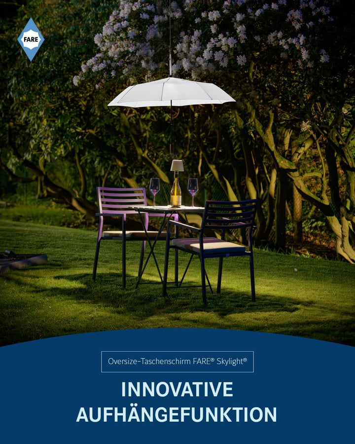 FARE Oversize-Taschenschirm Skylight (weiss) - Effektvoller Regenschirm mit LED-Innenbeleuchtung und