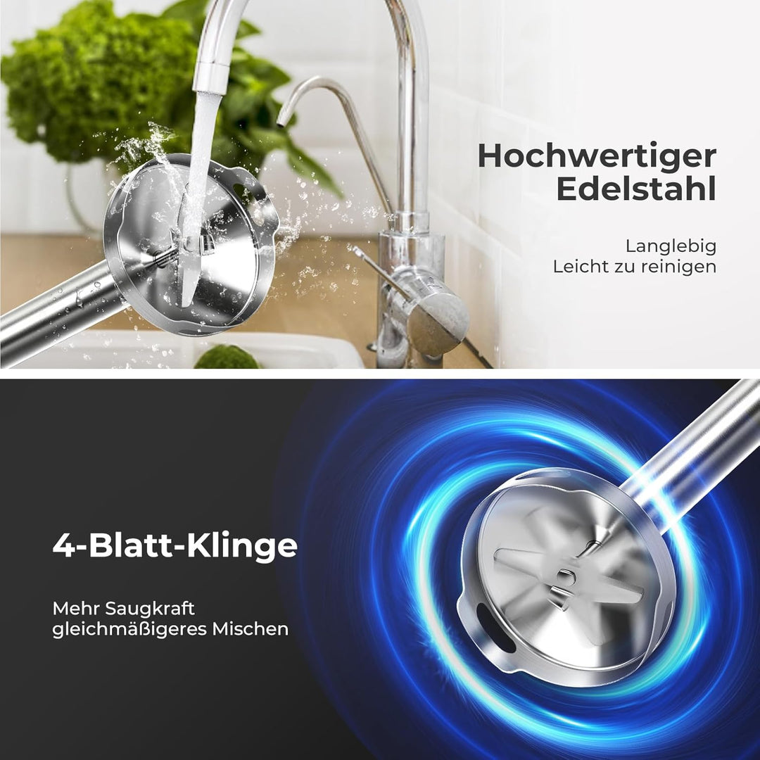 1200 Watt Stabmixer, Edelstahl Pürierstab für Suppen, Babybrei & Sossen | 12 Geschwindigkeitsstufen