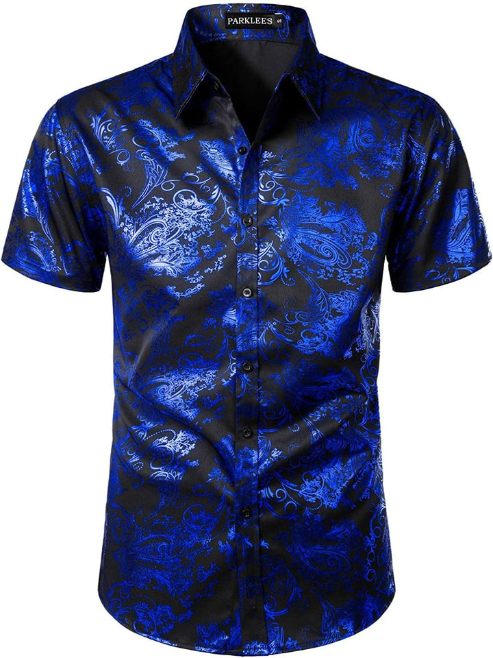 PARKLEES Herren Hipster Gold Rose Gedruckt Slim Fit Kurzarm Button Down Kleid Shirts M Cl23-königsbl