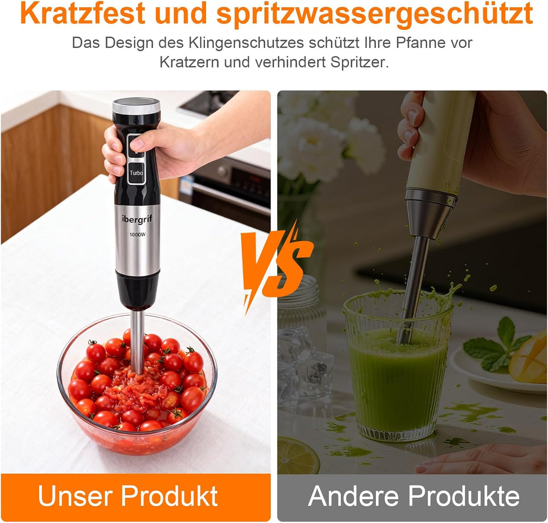 Ibergrif Stabmixer 1000W Edelstahl mit stufenloser Geschwindigkeitsregelung und Turbo Taste, Elektri