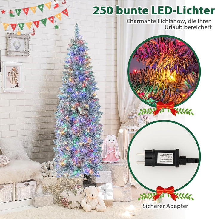 COSTWAY 180cm künstlicher Weihnachtsbaum Bleistift, LED Tannenbaum mit Beleuchtung, schlanker Christ