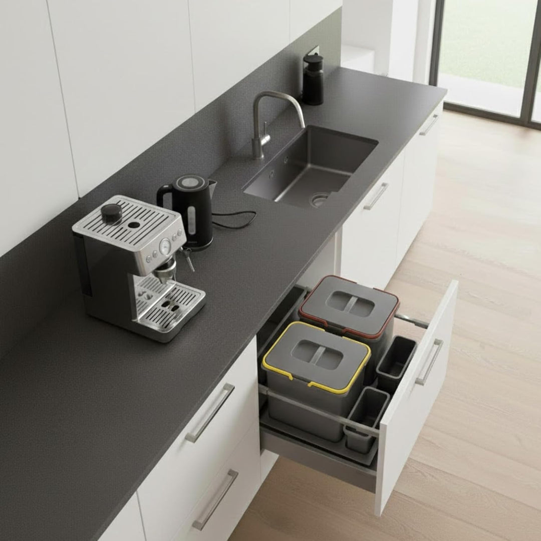 Mülltrennsystem Küche für 60 cm Schrank 2-fach 52,5x49x30 cm (2x 15L) mit Deckel Einbau Abfallsammle