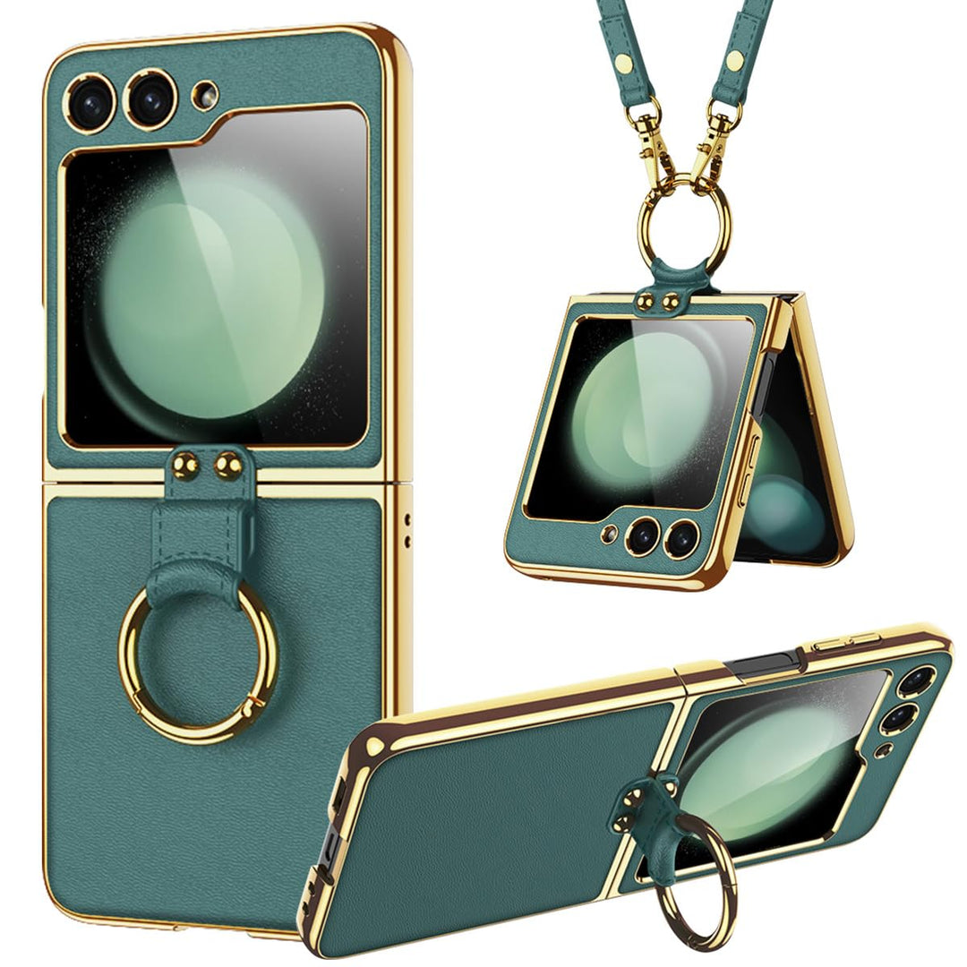 Miimall Lederhülle Kompatibel mit Samsung Galaxy Z Flip 6/Flip7 FE Hülle mit Band+Ring Ständer [HD D