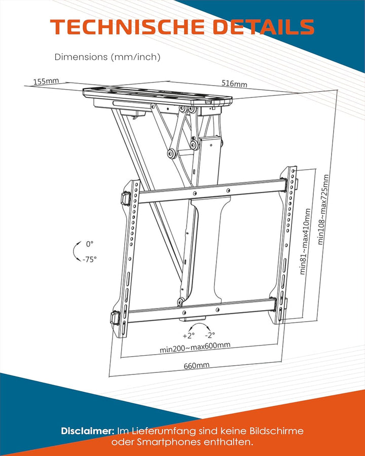 Xantron DEHA-600E TV Deckenhalterung elektrisch klappbar neigbar für 32-70 Zoll/elektrische Fernsehh