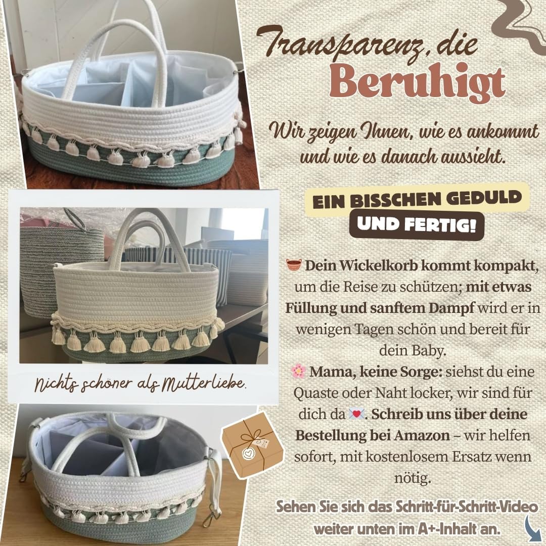 SEBRAM Wickeltisch Organizer Baby – Wickelkorb Boho aus Baumwollseil, Windel Organizer Caddy & Winde